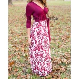 Pink Lily Boutique Burgundy Damask Maxidress